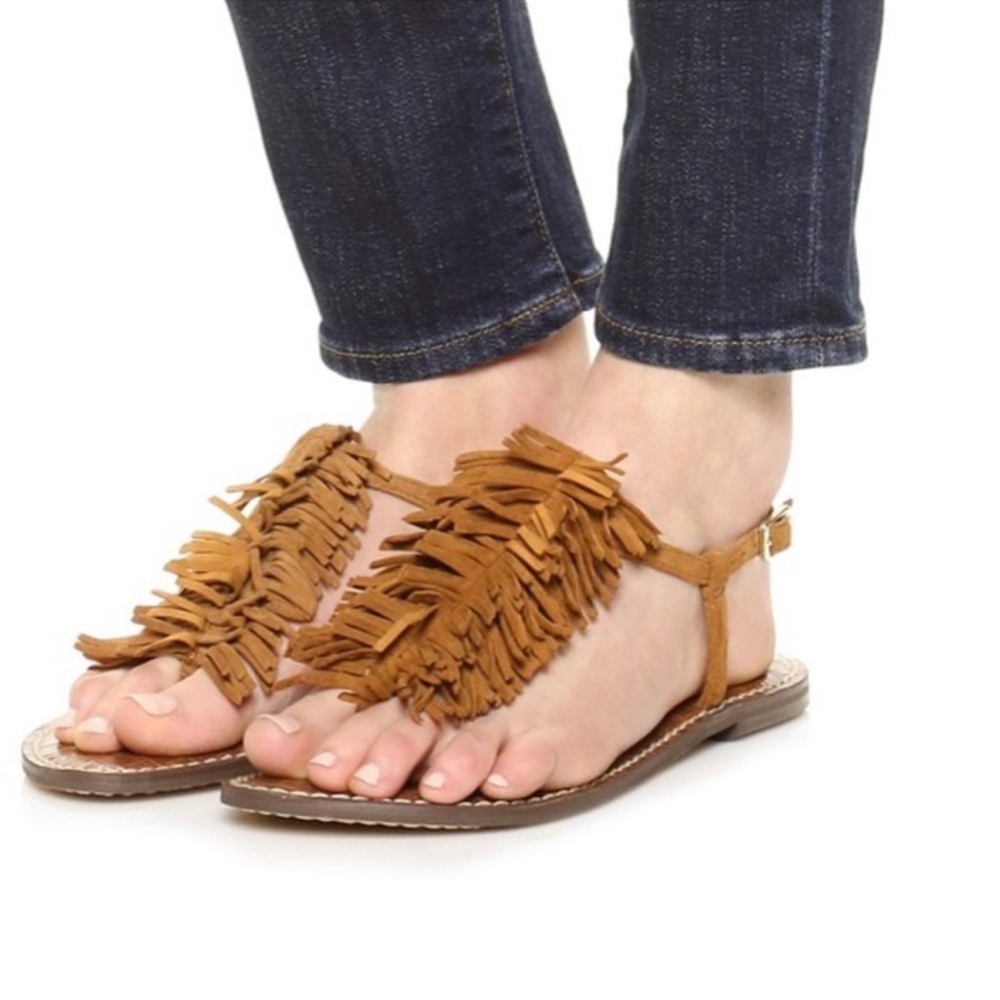 Sam Edelman Gela fringe flat thong sandals brown genuine suede sz 5.5 like new